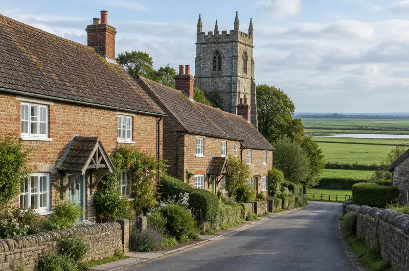 Areas around Bridgwater: illustration of brick cottages on a Somerset Levels village street with a church tower and flat fields behind
