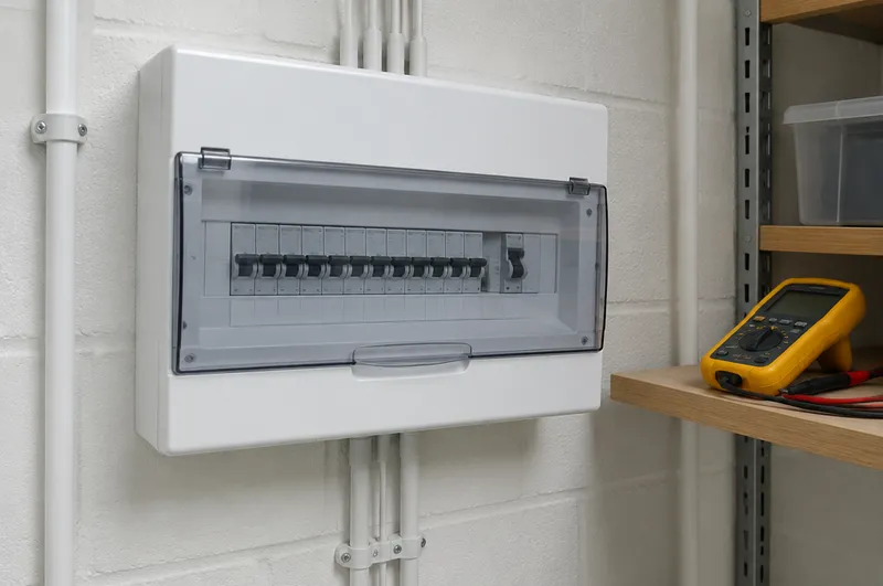EICR in Bridgwater: illustration of a closed white consumer unit with a handheld test meter on a shelf beside it