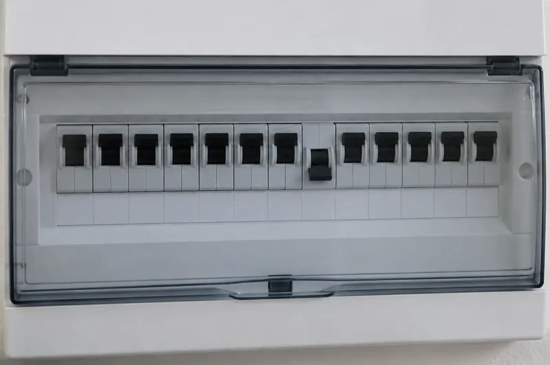 Electrical fault finding in Bridgwater: illustration of a consumer unit with one switch flipped down and the rest up
