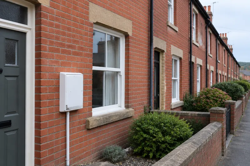 Electricians in Bridgwater: illustration of a row of red-brick terraced houses with a white electric meter box on a wall