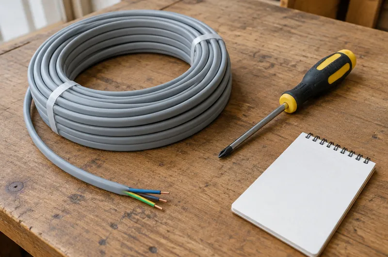 Electrician prices in Bridgwater: illustration of a coil of grey cable, a screwdriver and a notepad on a workbench