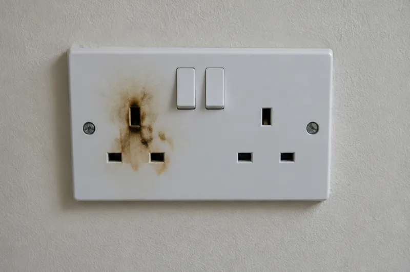 Emergency electrician in Bridgwater: illustration of a white wall socket with brown scorch marks around one outlet